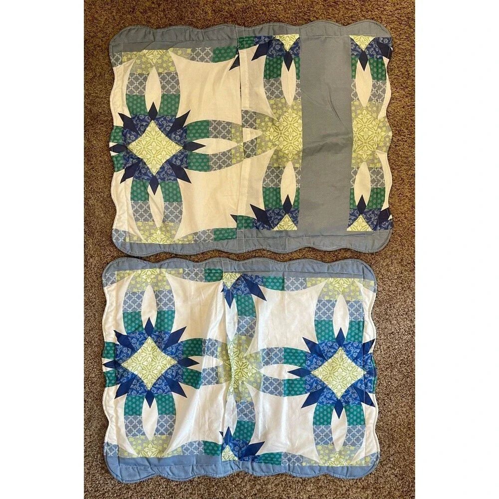 Quilted Double Wedding Ring Pillow Shams Blue Green Set of 2